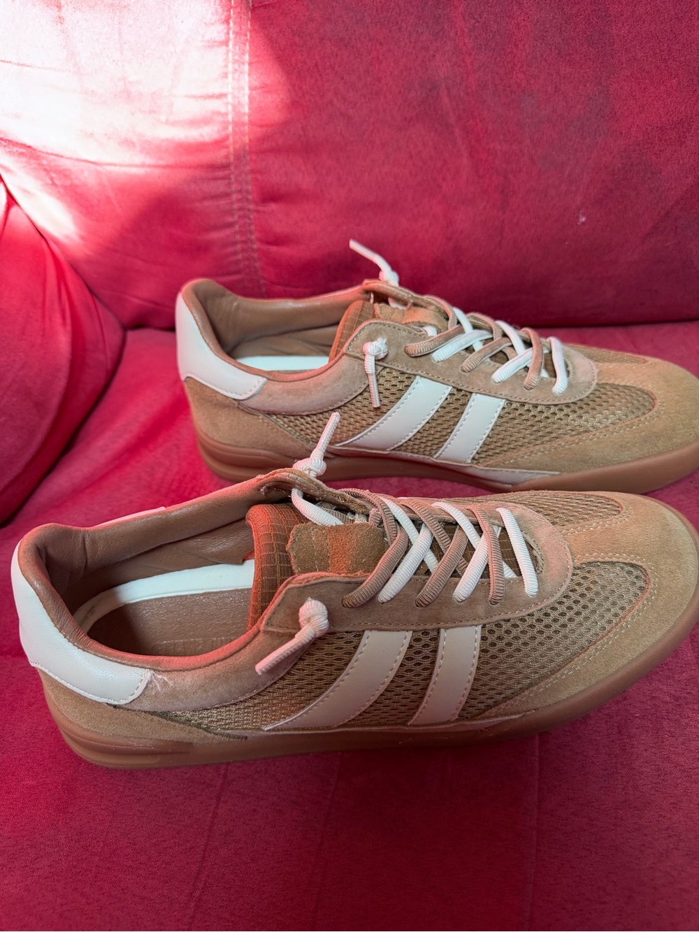 Steve Madden Tan Suede & Mesh Sneakers with White Stripes - Picture 3 of 8